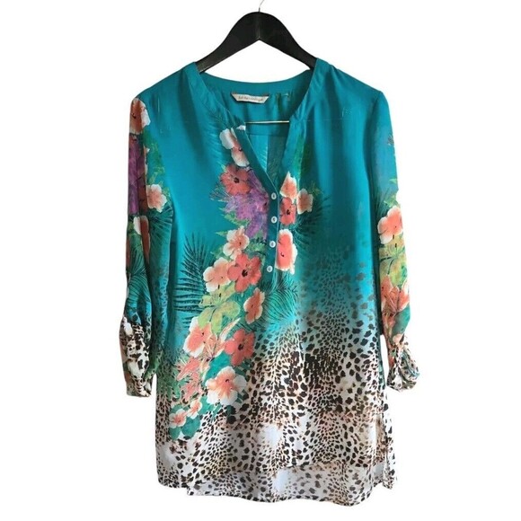 Soft Surroundings Blouse Womens Medium Green Semi Sheer Gauzy Tropical Tunic - Picture 1 of 10